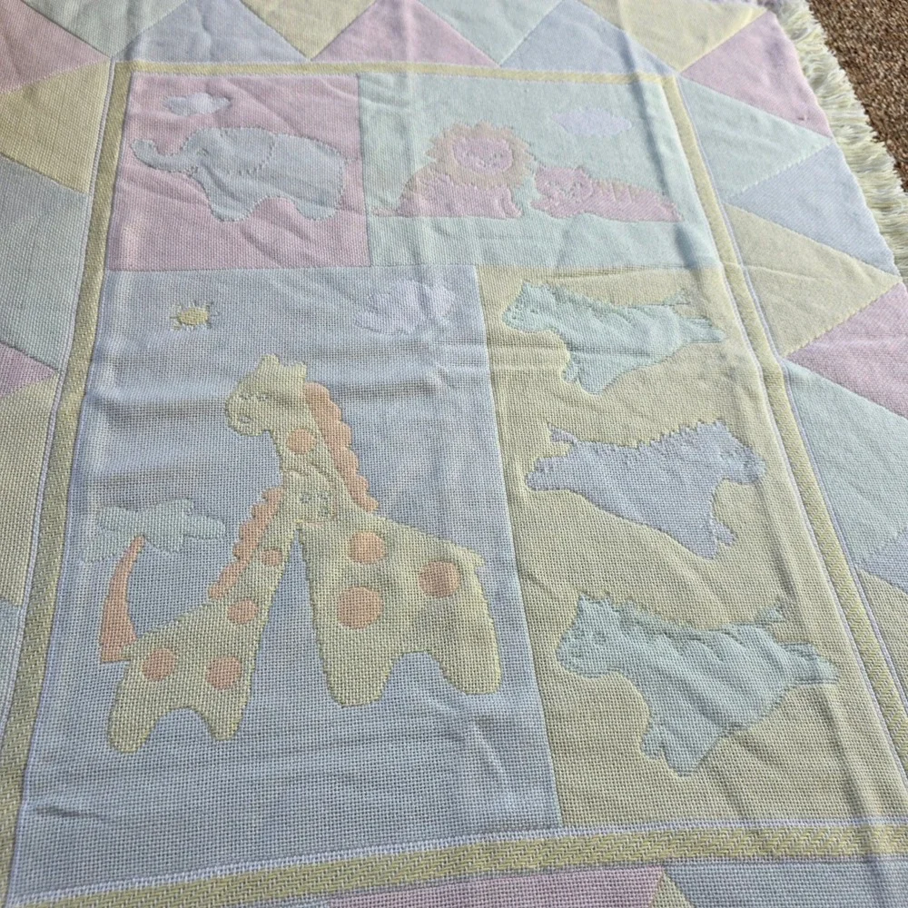 Woven Baby Blanket Pastel Safari Animal Fringe Trim Throw